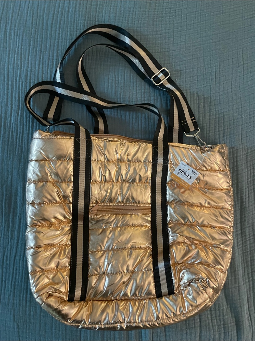 Journee Collection Metallic Rose Gold Quilted Tote with Striped Strap